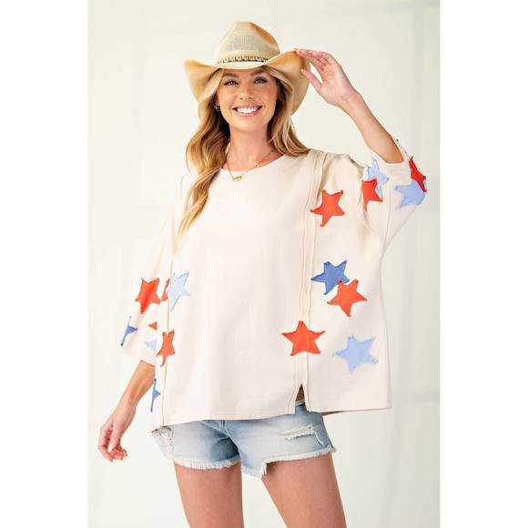 NEW EASEL soft washed star patches terry knit pullover in natural - Picture 3 of 3